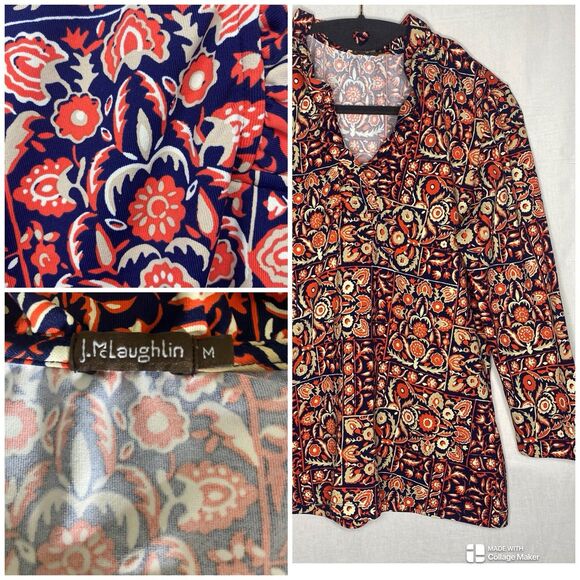 J MCLAUGHLIN Blouse Floral Ruffle V-Neck 3/4 Sleeve Stretch Womens M Blue Orange - Picture 2 of 10